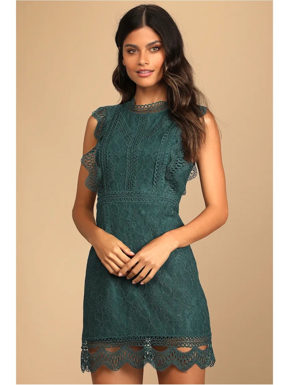 LULUS Dark Teal Green Romantic Lace Ruffle Date Night Mini Dress Size L